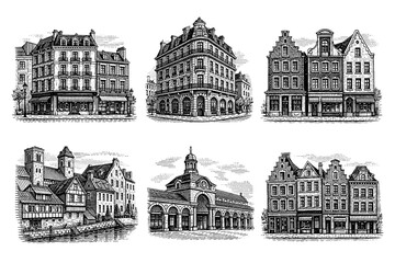 Obraz premium Intricate architectural sketches of european buildings with ornate facades