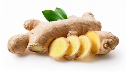 fresh ginger root with sliced pieces isolated white background