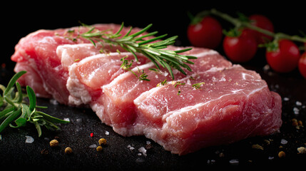 Fototapeta premium Slices of uncooked pork loin, seasoned with herbs and spices, resting on a dark surface with cherry tomatoes in the background.