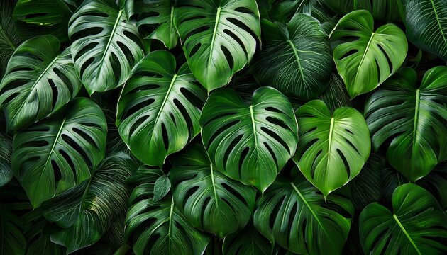 a lush full frame composition of vibrant green monstera deliciosa leaves creating a dense tropical pattern