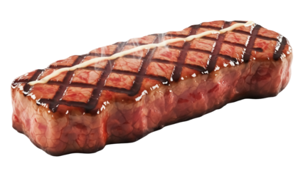 Grilled beef steak with grill marks and sauce isolated PNG, delicious meat cut for restaurant menu and food design