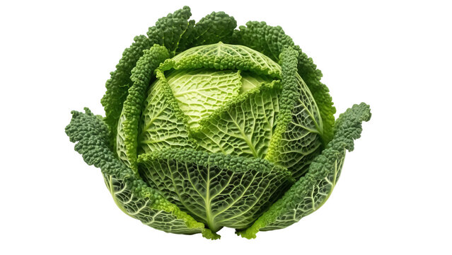 Fresh green savoy cabbage isolated PNG, healthy vegetable with crinkled leaves on transparent background for cooking and nutrition concepts