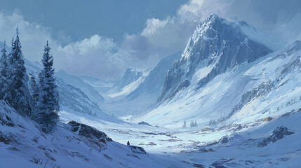 A frosty vista of snow-draped peaks and a vast valley, hinting at the quiet grandeur of nature and the solitary journey through a winter wonderland.