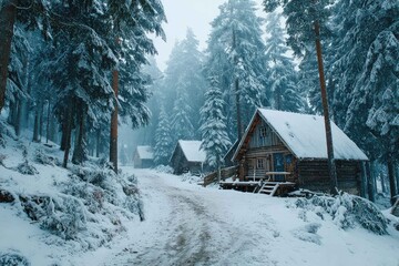 Snow covered cabins in winter forest