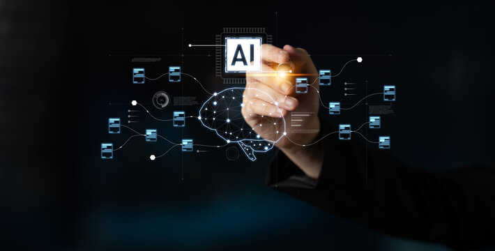 AI neural network and data processing system visualizing artificial intelligence with brain structure, chip, and connected data blocks for computation and learning Latch - Powered by Adobe