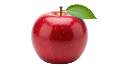 Shiny red apple PNG isolated on transparent background, fresh fruit with stem and leaf for healthy eating and food design