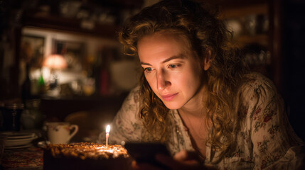 A cozy birthday scene with glowing candles, a homemade cake, and a smartphone in hand &mdash; capturing the essence of mindful solitude and tech-life balance