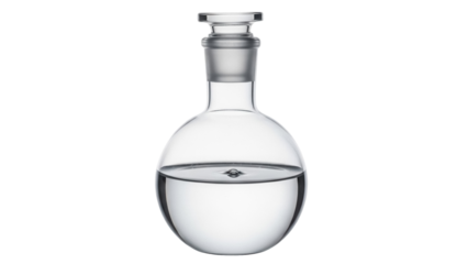 Round bottom flask with clear liquid isolated PNG, laboratory glassware for chemistry experiments on transparent background