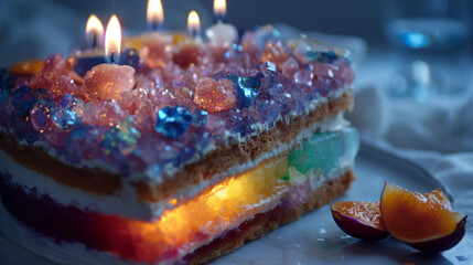 A vibrant birthday cake with glowing jelly layers, crystal sugar shards, and lit candles in a whimsical gemcore style
