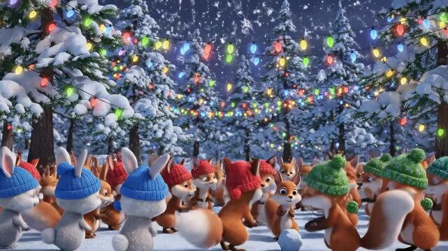 A group of animated squirrels and bunnies playing in a magical snowy forest at night with festive Christmas lights for a joyful holiday celebration concept