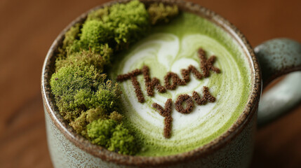 Green matcha latte in a ceramic cup with delicate swirl art and &ldquo;Thank you&rdquo; in cocoa powder, accented by natural moss for a biophilic, mindful, eco-friendly cafe aesthetic