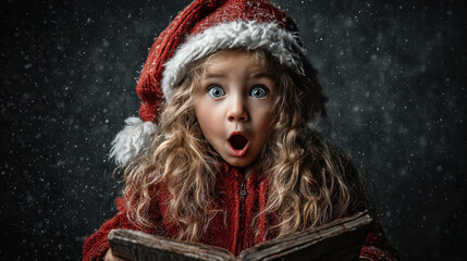 Child holding an open book, mouth agape in wonder; dark background emphasizes bright winter colors, imagination, and festive storytelling moods