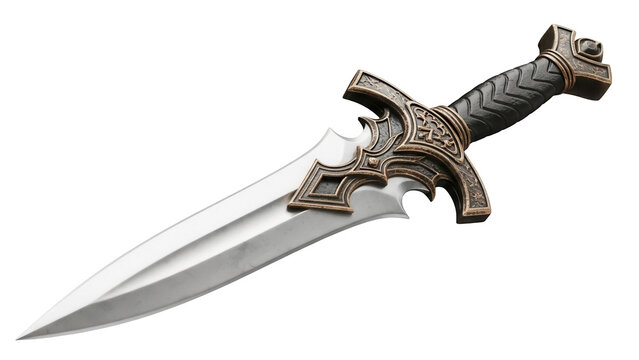 Ornate dagger PNG isolated on transparent background, medieval weapon with detailed handle and sharp blade for fantasy art and design