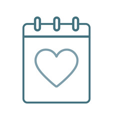A simple black and white line drawing depicts a calendar page with a heart inside it.