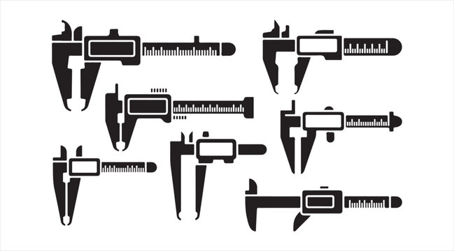 Precision measurement illustration set featuring electronic calipers and gauges in vector silhouette style