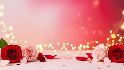 Luxurious Valentines greeting design with elegant copy space featuring roses petals hearts soft blush crimson gold lighting dreamy bokeh romantic atmosphere premium high-resolution layout