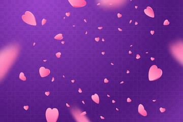 Falling pink hearts confetti isolated on purple transparent background. Symbol of love. Ideal for design of wedding, greeting cards and Valentines Day. Eps 10