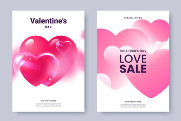 Modern Valentines Day posters with abstract glossy hearts, soft gradients, and romantic pink and purple color palette. Love poster design. Ideal for sale promotions, greeting cards, social media.