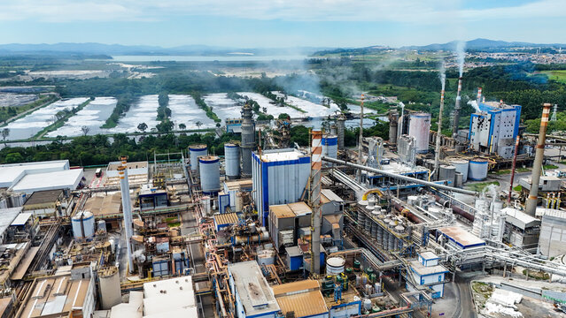 Vista de ind&uacute;stria de papel e celulose em opera&ccedil;&atilde;o, com estruturas industriais, tubula&ccedil;&otilde;es e unidades de produ&ccedil;&atilde;o, representando o setor florestal, processamento de fibras e economia industrial