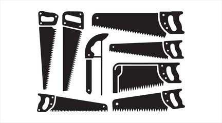 Woodworking saw illustration set featuring hand saws with various blades and handles in vector silhouettes