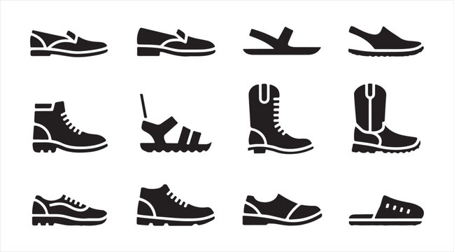 Vector shoe icon pack &mdash; boots, loafers, sandals and slippers in black silhouette footwear collection