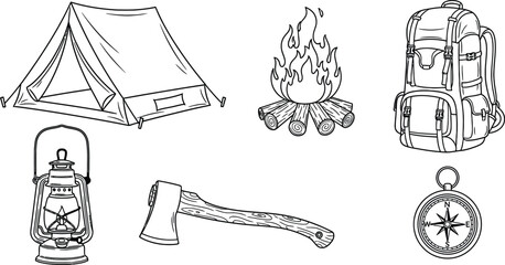 Outline illustration of 6 camping gear items tent campfire backpack lantern axe and compass