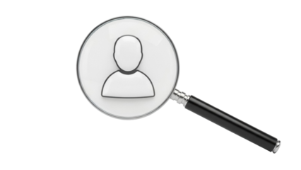 Magnifying glass with person icon isolated PNG, search for employee or user profile on transparent background