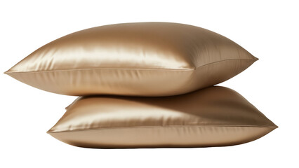 Two gold satin pillows stacked isolated PNG on transparent background, luxurious bedding for bedroom decor and comfortable sleep