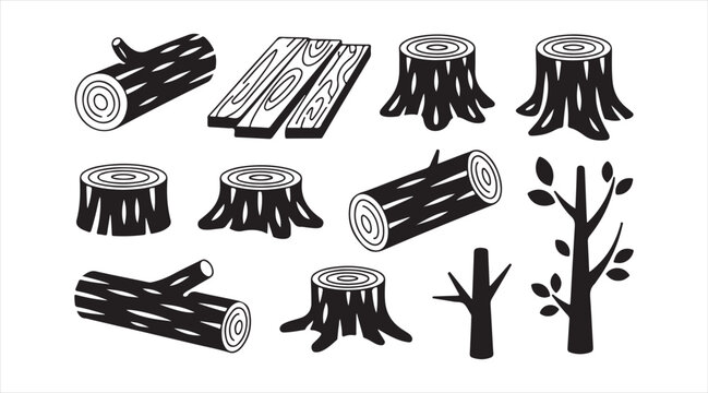 Collection of tree stumps, logs and branches &mdash; nature wood elements in silhouette icon pack