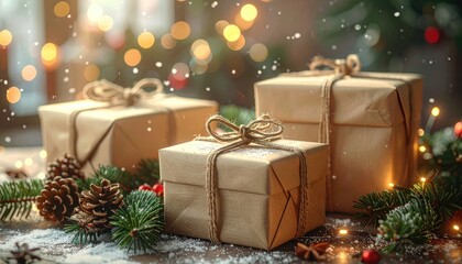 Three rustic Christmas presents sit amidst pine branches, pinecones, and falling snow with warm bokeh lights in the background.