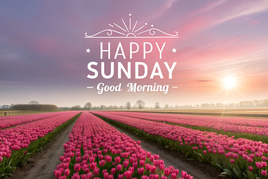 Happy sunday good morning with beautiful pink tulips under a serene sunrise sky Vector