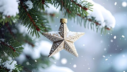 A golden star ornament dusted with snow hangs from a frosted evergreen branch against a soft winter background.