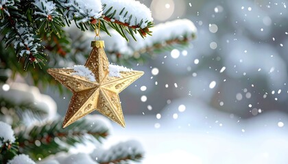 A close-up of a sparkling gold star ornament hanging from a snow-covered evergreen branch during a gentle snowfall.