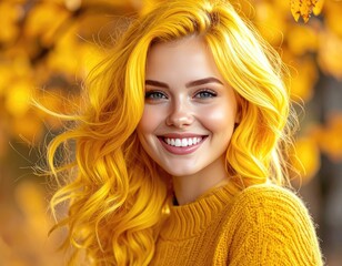 Portrait of a cheerful young woman with vibrant yellow hair against an autumnal backdrop.