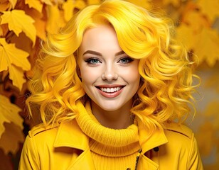 Vibrant portrait of a smiling woman with bright yellow hair and matching attire against an autumn backdrop.