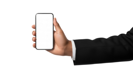 Hand in suit holding smartphone isolated PNG on transparent background, mobile device mockup for app presentation and digital marketing