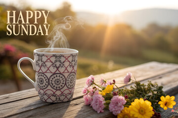 Happy sunday morning with warm coffee and fresh flowers in golden light Vector