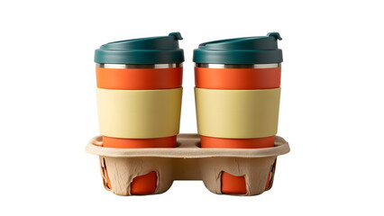 Two colorful reusable coffee mugs in cardboard carrier on transparent background