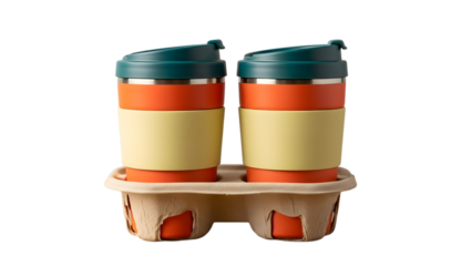 Two colorful reusable coffee mugs in cardboard carrier on transparent background