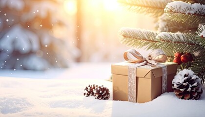 A golden Christmas gift rests in fresh, sunlit snow beneath a frosted evergreen branch.