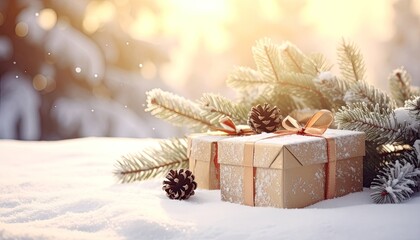 Two wrapped presents nestled in fresh snow with pine branches and a warm, sunny background.