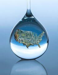 A detailed three-dimensional map of the United States is magnified inside a perfectly formed drop of water.