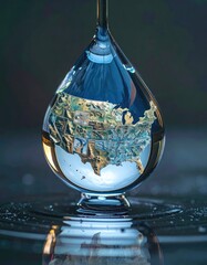 Macro photograph of a water droplet reflecting a satellite map of the United States.