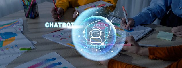 A dynamic scene depicting a creative team collaborating in an office, utilizing chatbot technology and data analysis for effective interaction and innovative brainstorming. Trope