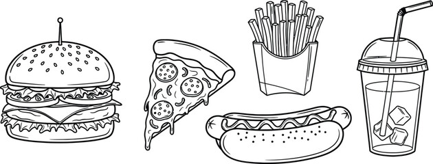 Outline illustration set of 5 fast food items burger pizza slice fries hot dog and soda cup