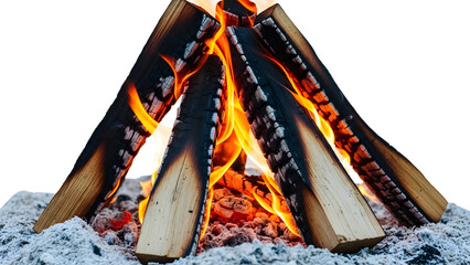 Burning campfire with flaming stacked firewood logs on transparent background