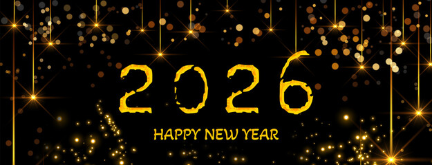 Glowing neon numbers celebrate the New Year at night with fireworks and festive lights on a black holiday background
