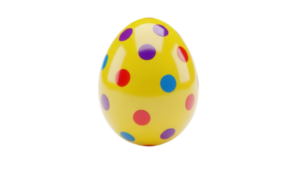 Yellow Easter egg with colorful polka dots isolated PNG, festive spring holiday decoration for greeting cards and graphic design projects