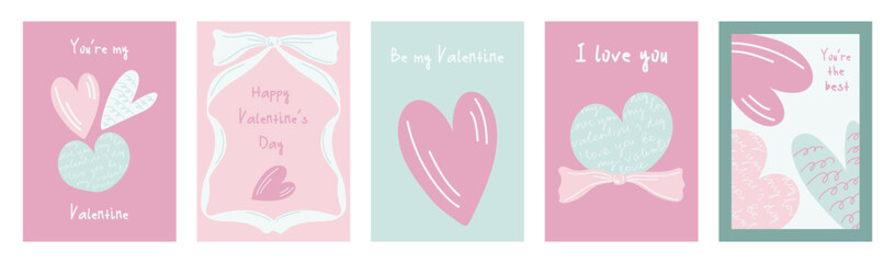 A set of five cute pastel Valentine's Day greeting cards with hearts, text, and ribbons to celebrate the holiday.