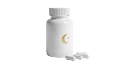 White pill bottle with crescent moon and star isolated PNG, dietary supplement container for health and wellness on transparent background